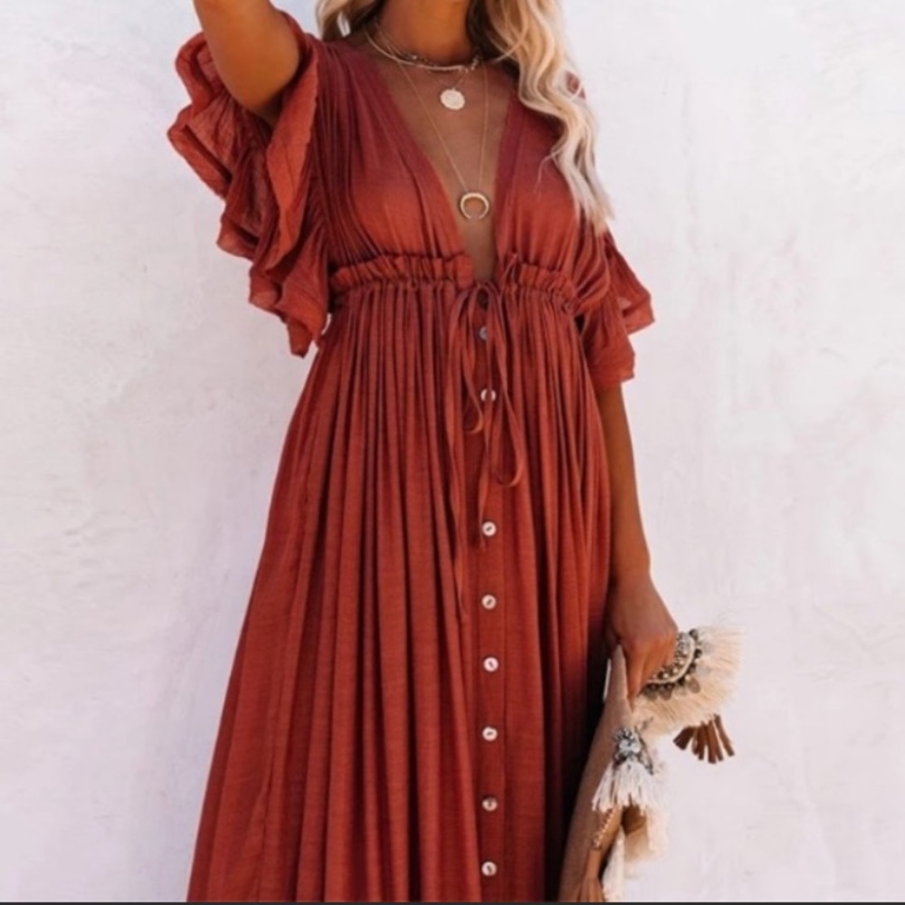 SOLD OUT Red Gauze Boho Button Maxi Coverup Dress - Picture 5 of 10